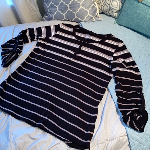 Kate Parks Petite long sleeve casual tee gathered sleeves stripes black PM NWT - Picture 5 of 12